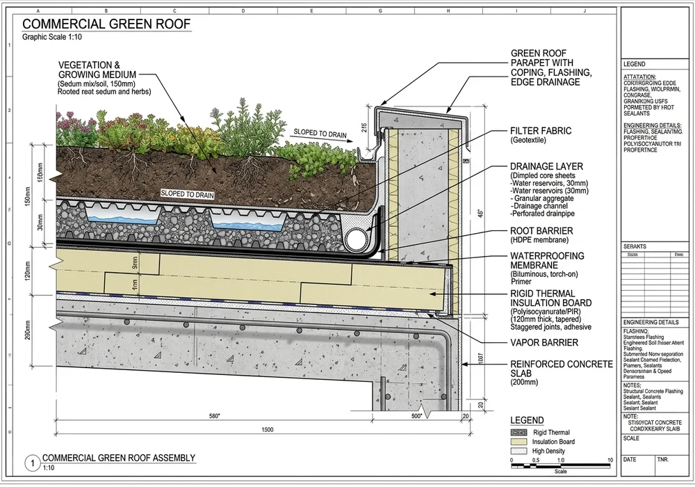 Cross-section diagram illustrating green roof thermal layers, insulation, and evaporative cooling