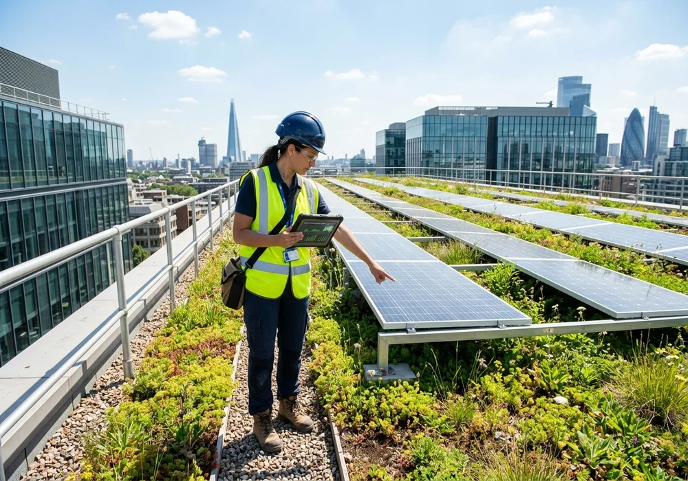 Integrated biosolar roof combining solar photovoltaic panels and lush green roof sedum trays in NYC