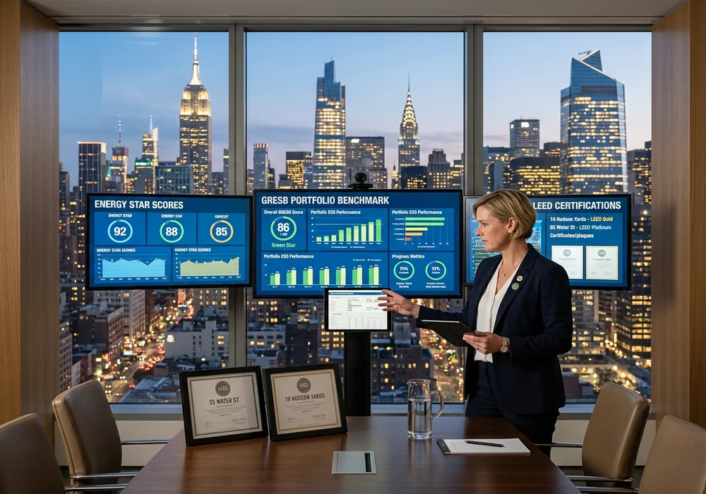 Real Estate Sustainability Director in Modern NYC Boardroom Reviewing GRESB, LEED, and ENERGY STAR ESG Displays