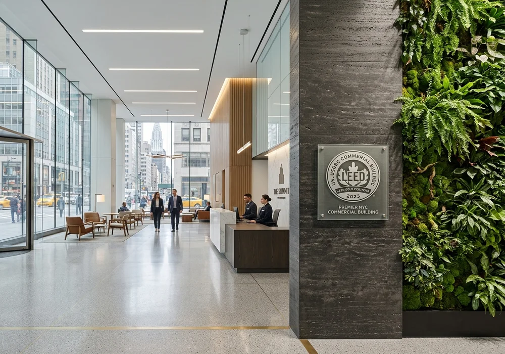 Premier NYC Commercial Building Lobby with LEED Gold Certification Plaque and Biophilic Green Wall