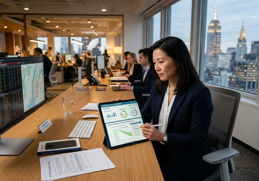 Commercial Real Estate Fund Manager Analyzing GRESB ESG Benchmark Report and Carbon Decarbonization Roadmap on Tablet
