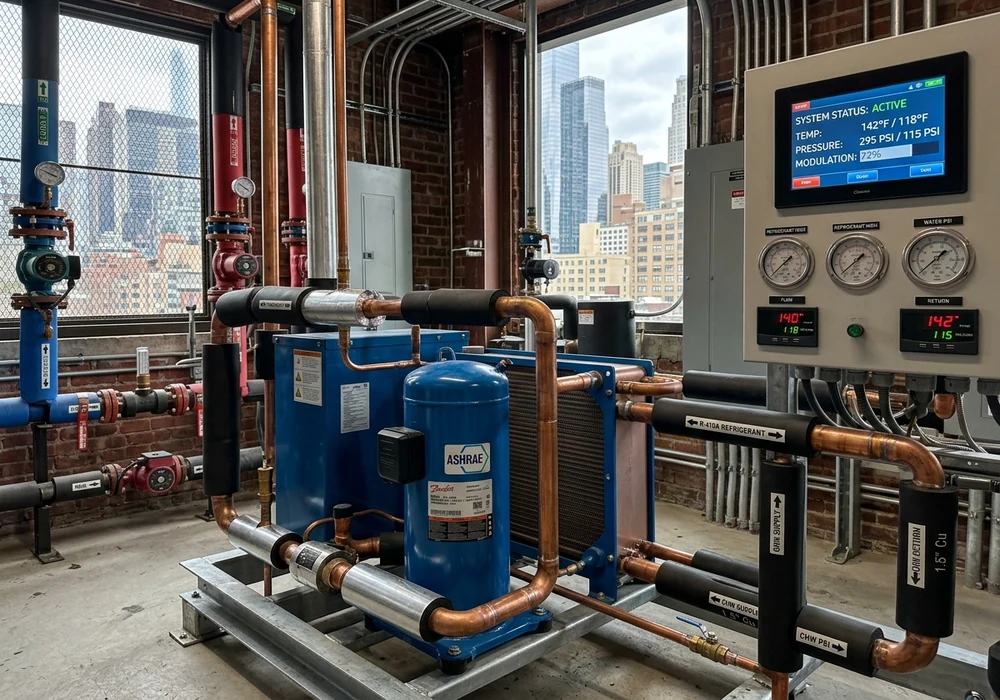 Modern commercial heat pump mechanical equipment, refrigerant piping, and digital controls in an NYC building