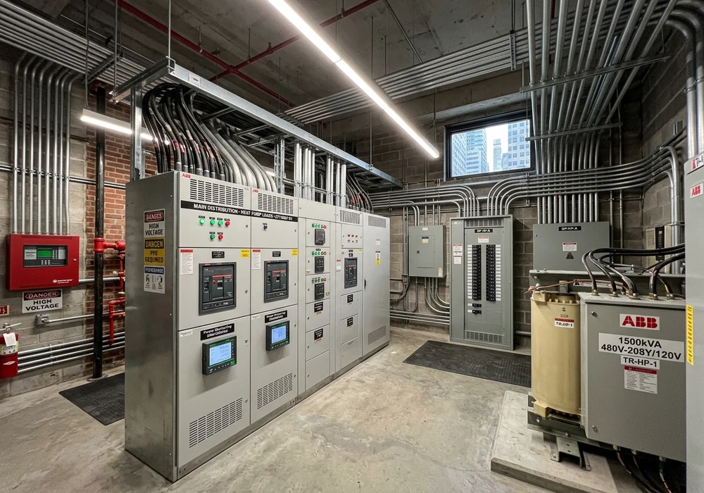 Commercial building electrical switchgear panels, transformers, and distribution infrastructure upgraded for heat pumps