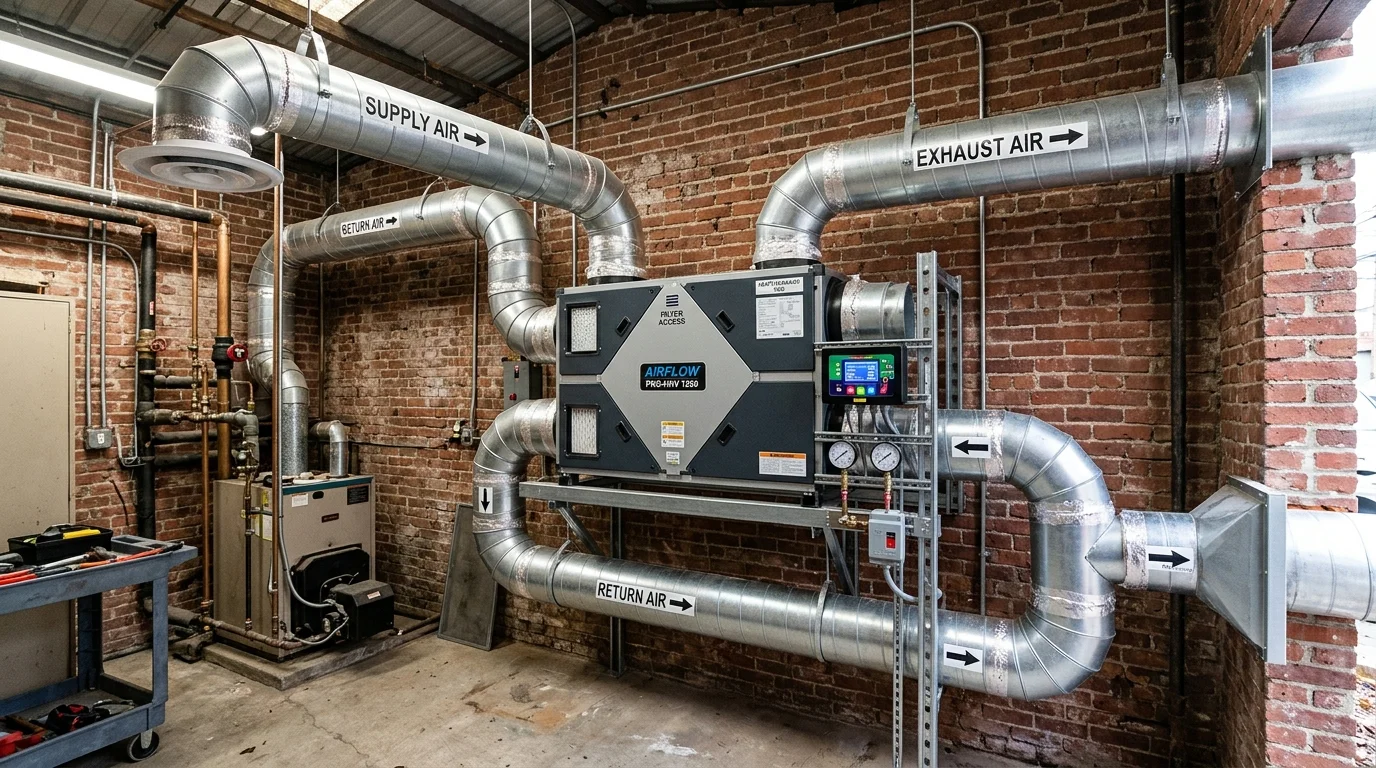Commercial heat recovery ventilator HRV system with spiral ductwork in mechanical equipment room of an older building