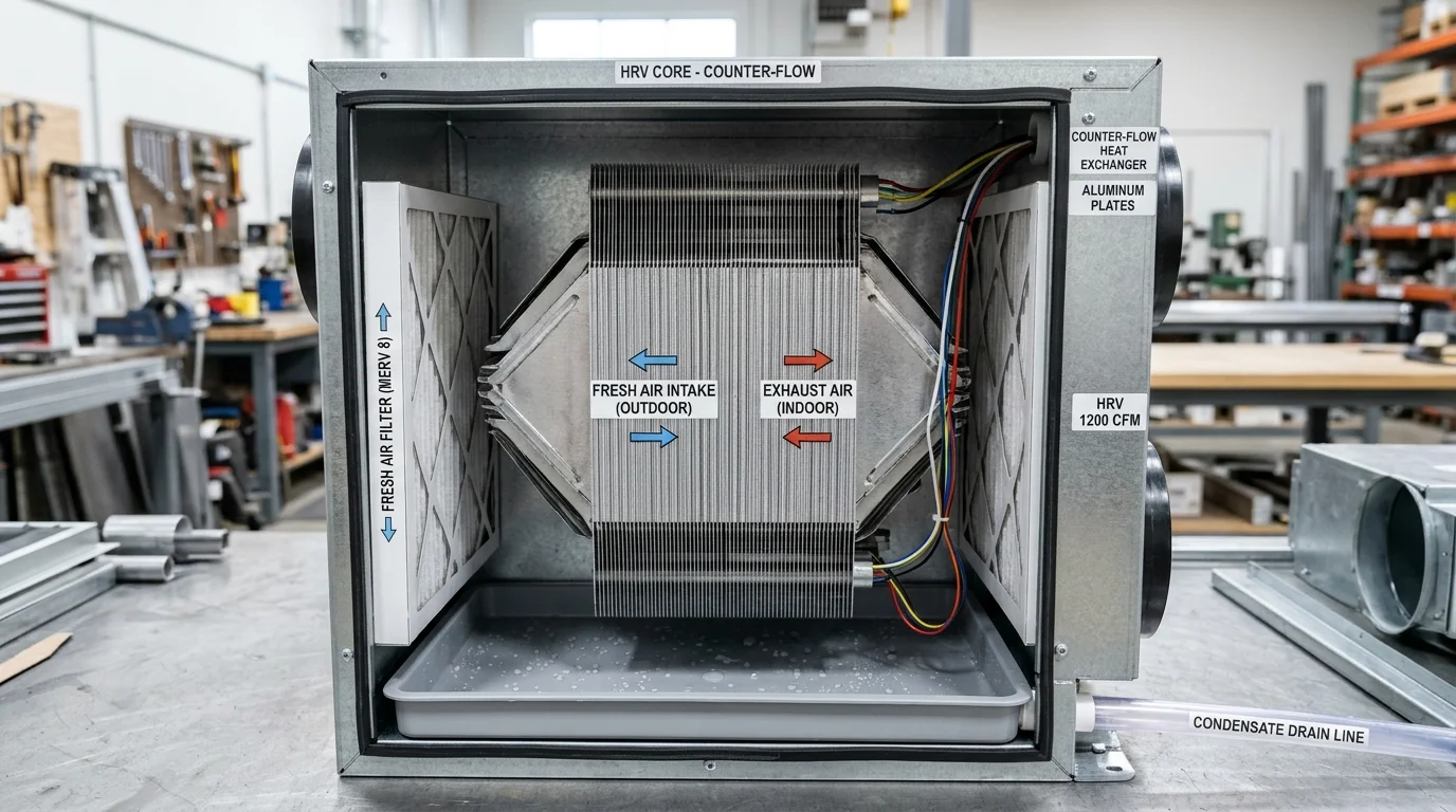 Internal counterflow heat recovery ventilator core showing aluminum heat exchanger plates and condensate drain line