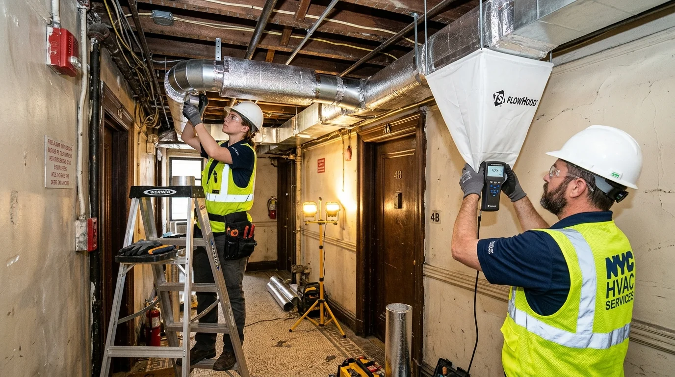 HVAC technicians installing ductwork and testing airflow balancing with a flow hood in a pre-war building hallway