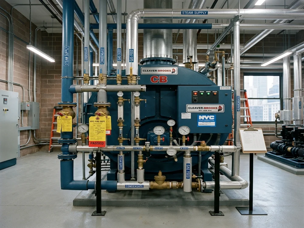 Professional boiler room installation with safety compliance tags in a New York City building