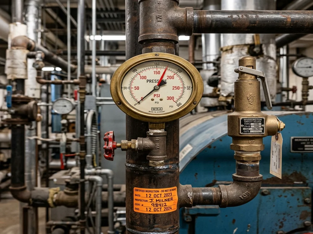 Technical close-up of a boiler pressure gauge and mechanical system inspection indicators