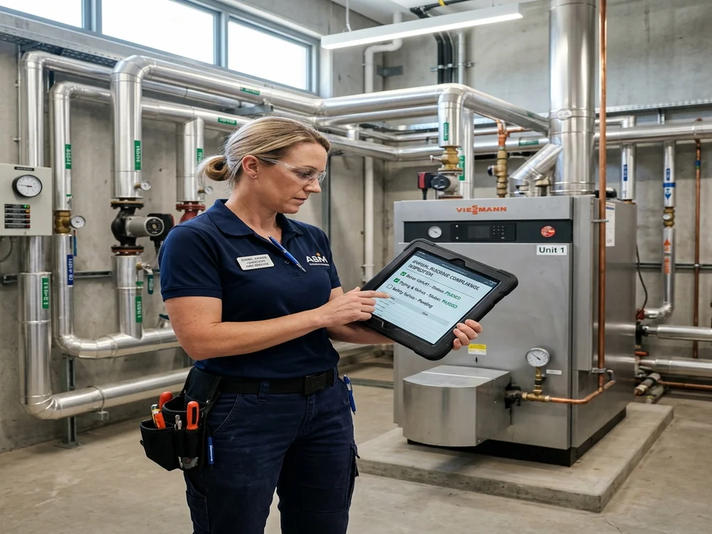Building property manager using a tablet to audit building boiler maintenance compliance checklist