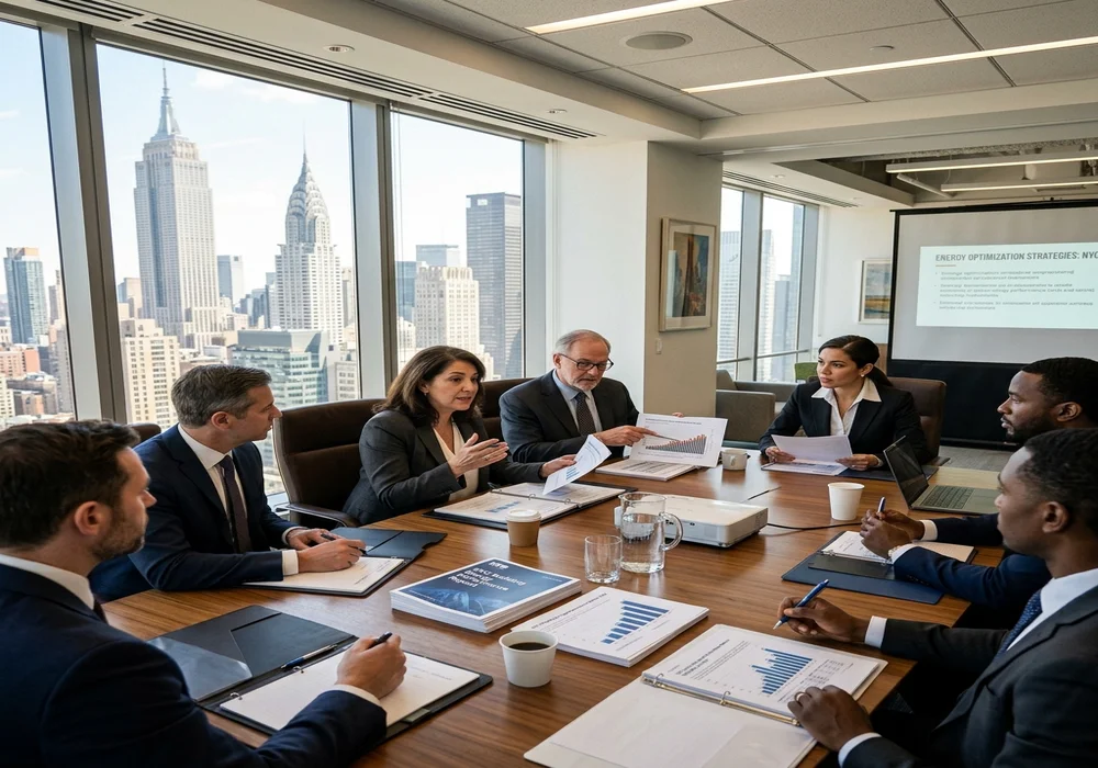 Property Managers and Board Reviewing Building Energy Performance