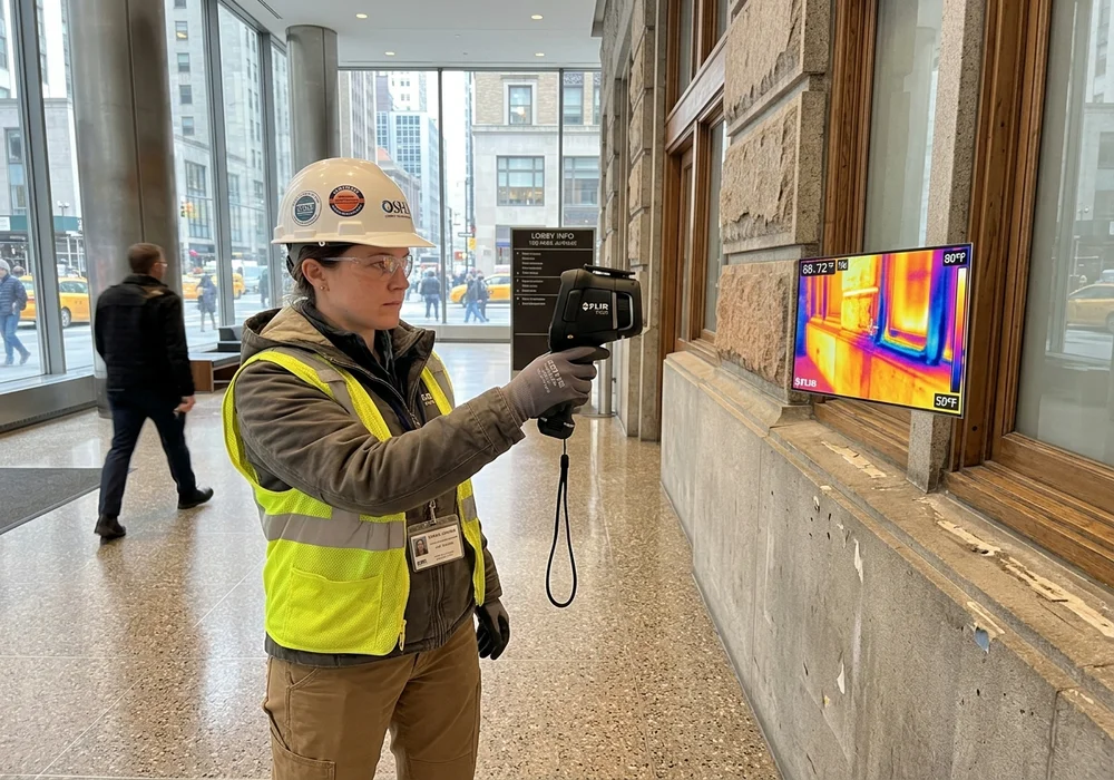 Certified Building Thermographer in Hard Hat Using Infrared Thermal Camera Scanning Wall in Commercial NYC Lobby