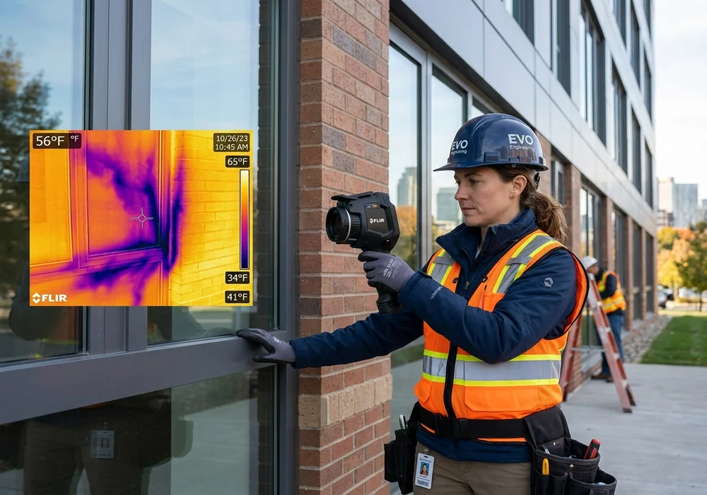 Engineer Holding Thermal Imaging Camera Inspecting Air Leakage and Temperature Profiles Around Commercial Building Windows
