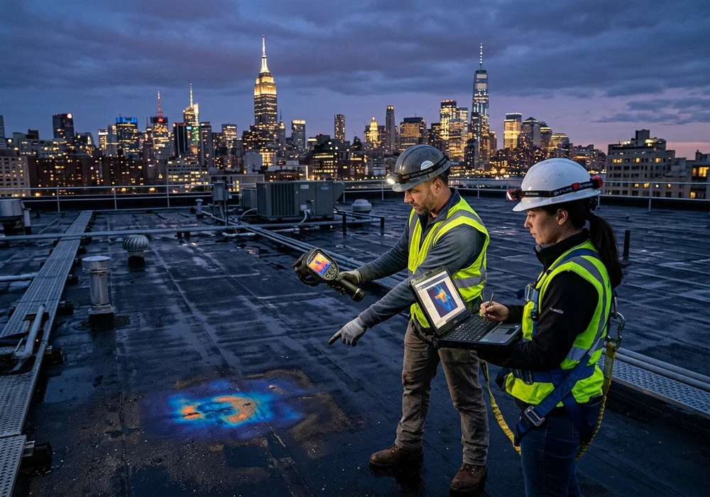 Engineer and Roofing Inspector Conducting Twilight Infrared Thermal Scan on Flat Commercial NYC Roof
