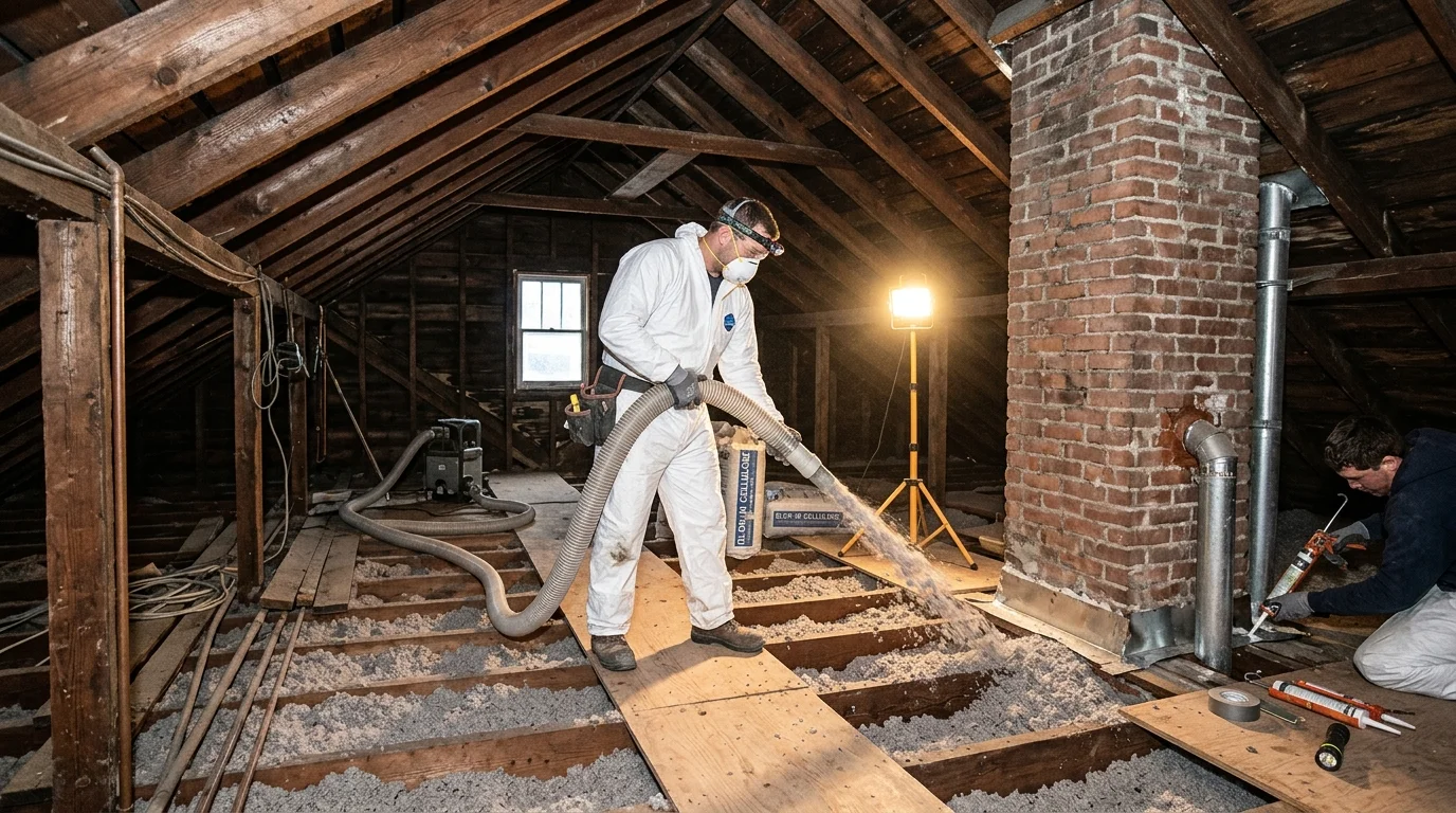 Contractor Installing Cellulose Insulation and Air Sealing in Historic Pre-War Attic