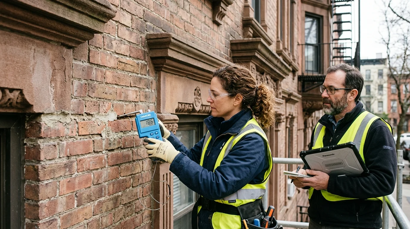 Historic Preservation Architect Testing Brick Moisture and Mortar on Pre-War Facade