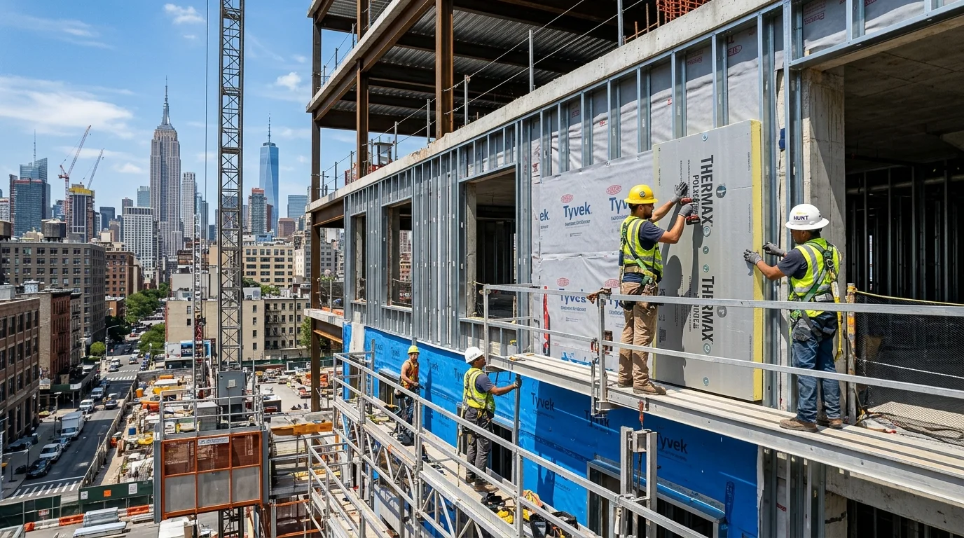 Commercial Building Envelope Construction Site in NYC with Continuous Insulation Boards and Vapor Barrier