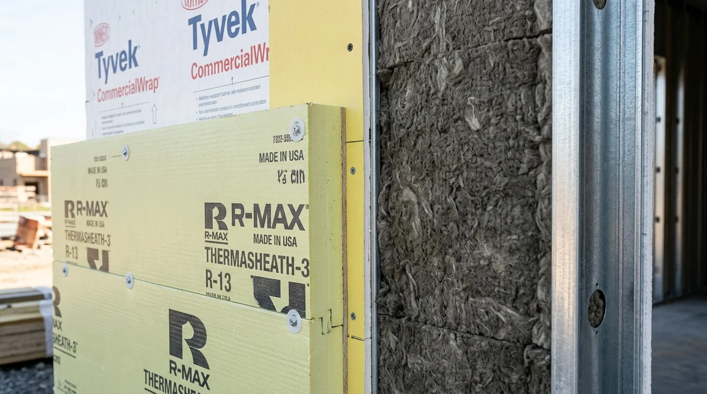 Cross Section Detail of Cavity Batt Insulation and Exterior Rigid Continuous Insulation Board
