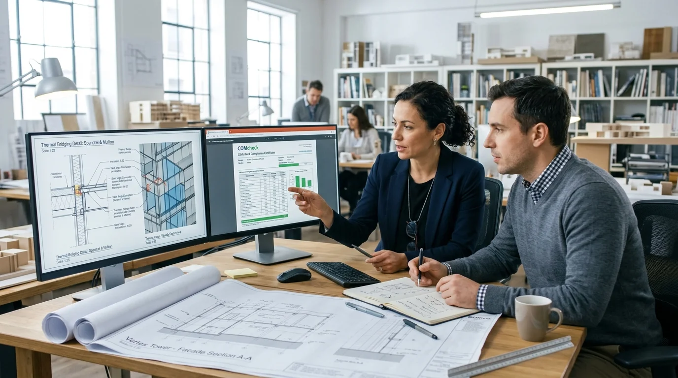Architect and Energy Engineer Reviewing Commercial Envelope Thermal Bridging and COMcheck Compliance