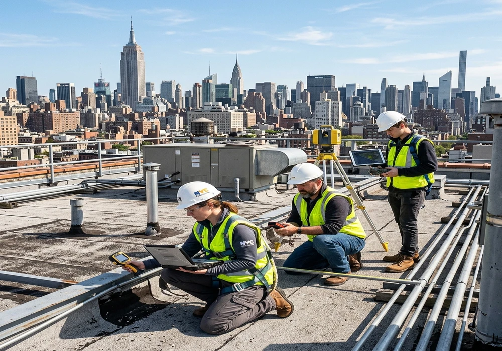 Engineers evaluating rooftop solar suitability and sun exposure in New York City