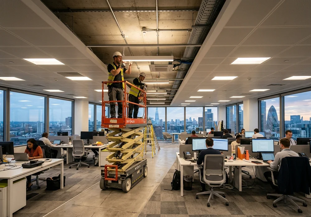 Commercial LED Lighting Retrofit Installation in Modern Office Building