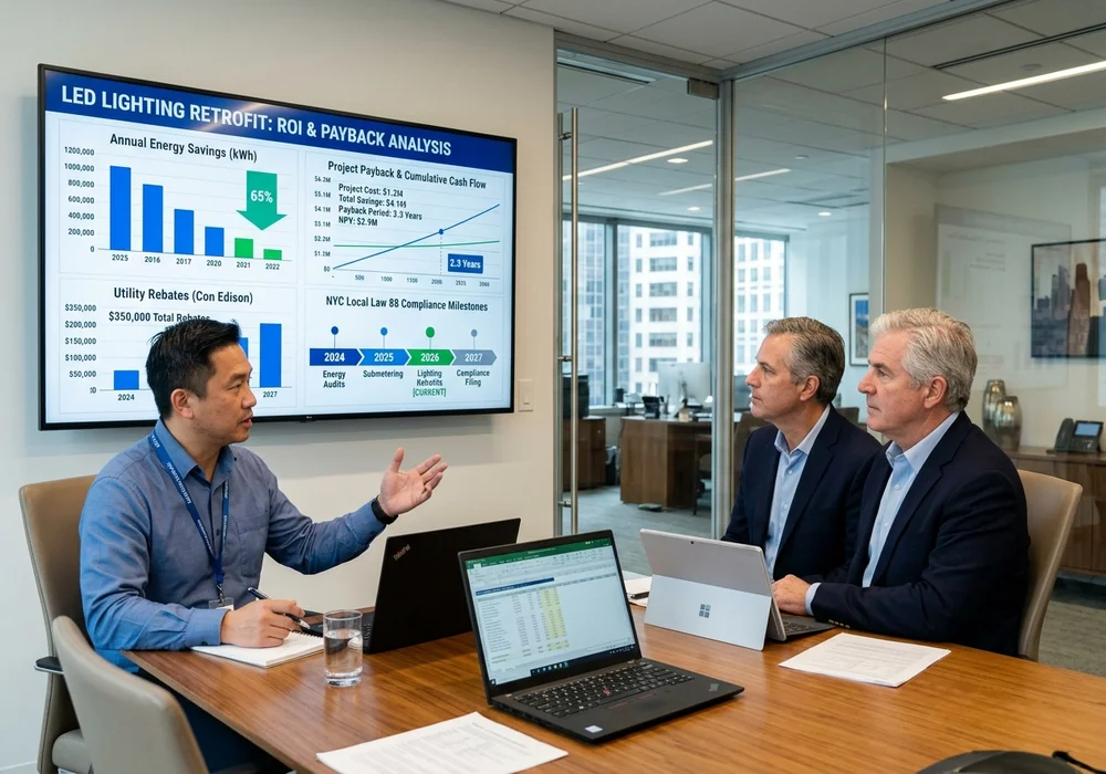 Facility Director and Energy Engineer Reviewing LED Retrofit Payback Model and LL88 Compliance