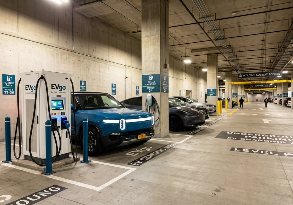 Modern Commercial Parking Garage in New York City with Level 2 and DC Fast Charging Stations