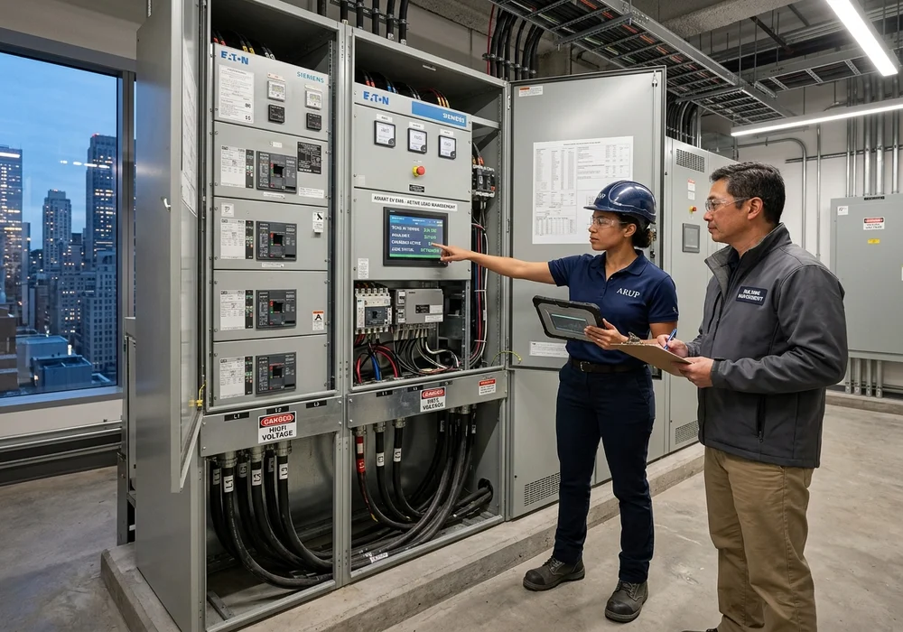 Electrical Engineers Inspecting Commercial EV Energy Management System Switchgear in NYC