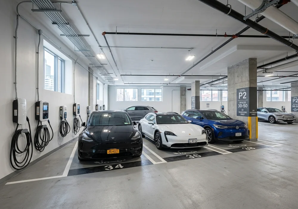 Modern Residential Multifamily Parking Garage with Wall-Mounted Level 2 EV Chargers in NYC