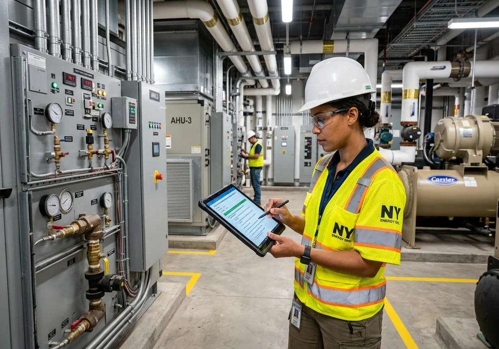 NYC Energy Engineer in Hardhat and Safety Vest Reviewing LL87 Retro-Commissioning EER Report in Commercial Mechanical Room