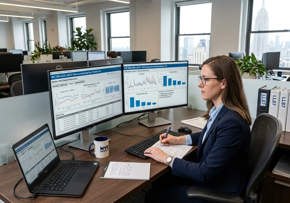 Energy engineer filling out NYC DOB LL87 Retro-commissioning Data Collection Tool software in modern office workstation