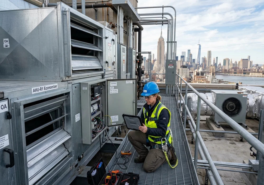 Commissioning engineer performing functional testing on rooftop air handling unit economizer dampers in NYC commercial penthouse