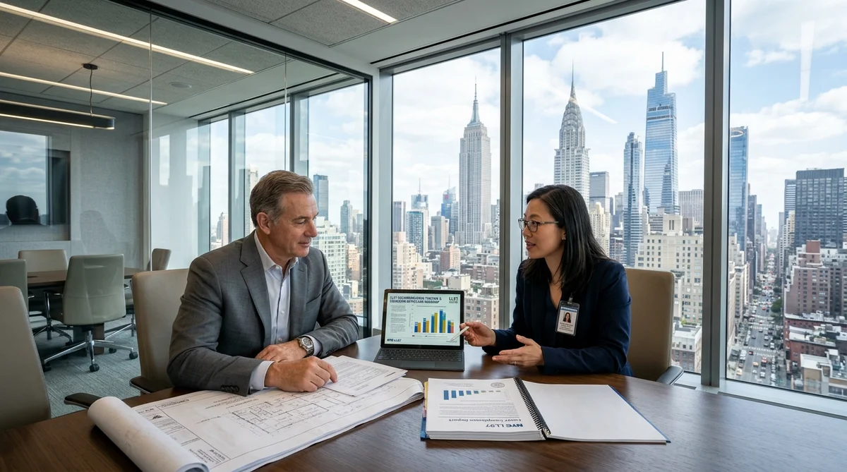 NYC Building Owner and Registered Design Professional Reviewing Local Law 97 Penalty Mitigation and Decarbonization Timeline in Manhattan Office