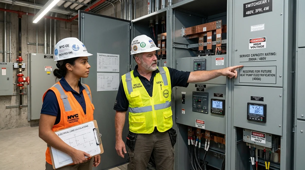 Master Electrician and Facilities Engineer Reviewing Electrical Service Upgrade Switchgear for Commercial Heat Pump Electrification in NYC