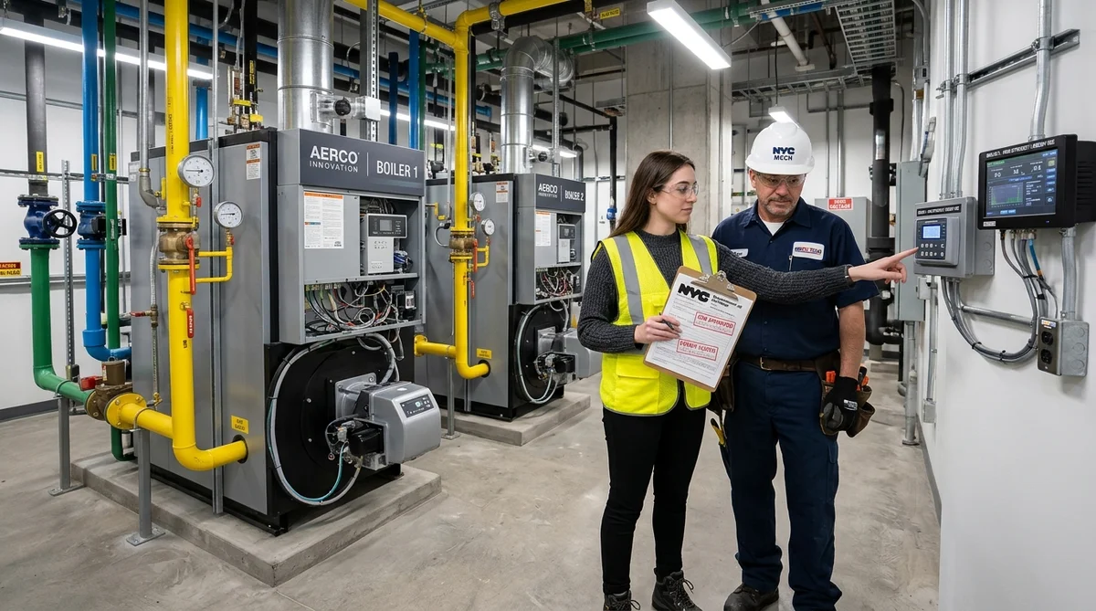 Mechanical Contractor and Sustainability Engineer Inspecting New Dual-Fuel Boiler Equipment and Approved DOB Building Permits in NYC Plant Room