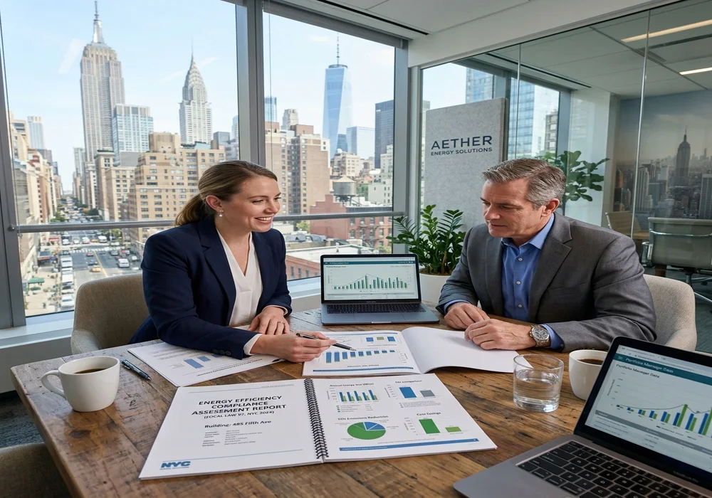 NYC energy consultant reviewing building compliance assessment report