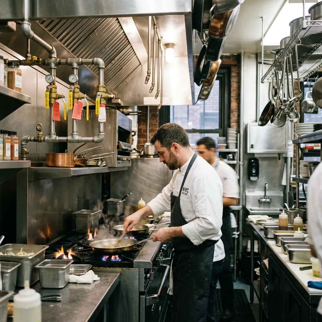 Restaurant commercial kitchen with exposed gas infrastructure in NYC