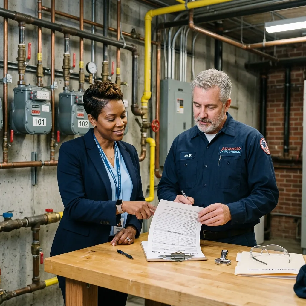 Plumber and property manager inspecting basement gas meters in mixed-use building