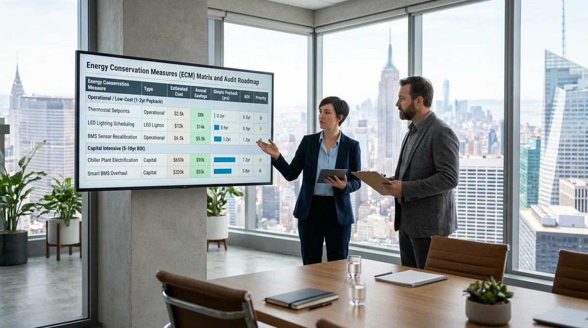 Energy Auditor and Building Manager Reviewing Low-Cost vs Capital Energy Conservation Measures on Screen in NYC Office