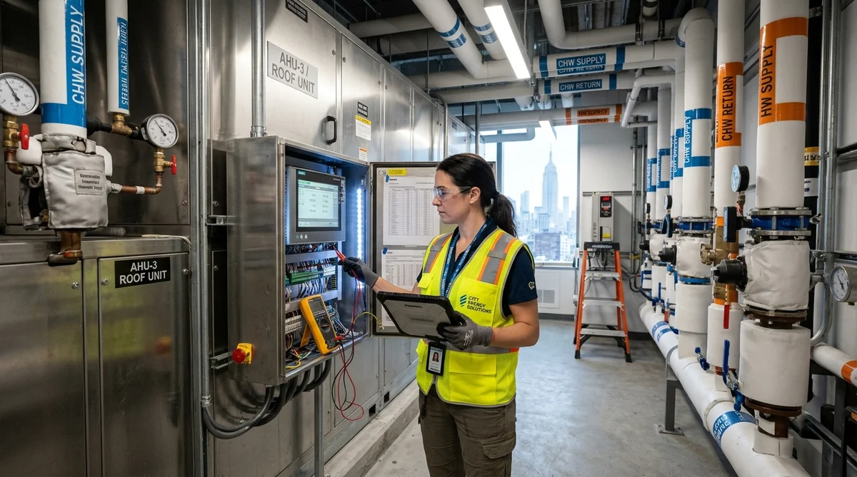 Energy Auditor Tuning Commercial Building HVAC Digital Control Panel and Inspecting Steam Trap Sensors in NYC Mechanical Room