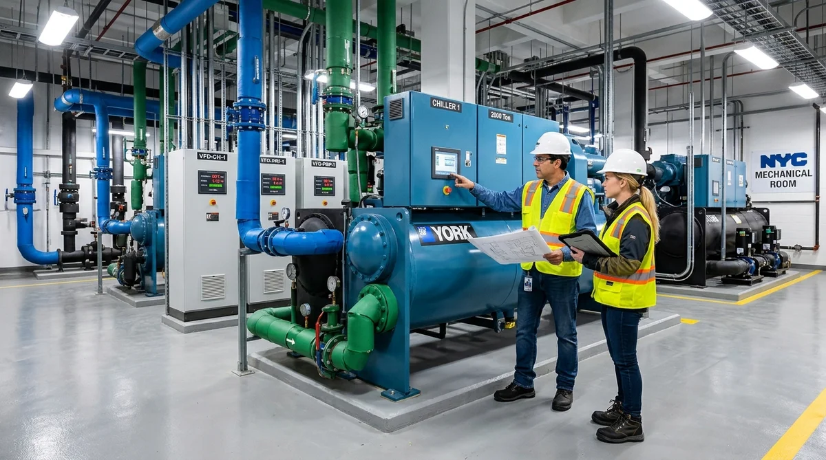 Energy Engineers and Mechanical Contractors Inspecting New High-Efficiency Water-Cooled Chiller and VFD Drive Panel in NYC High-Rise Plant Room