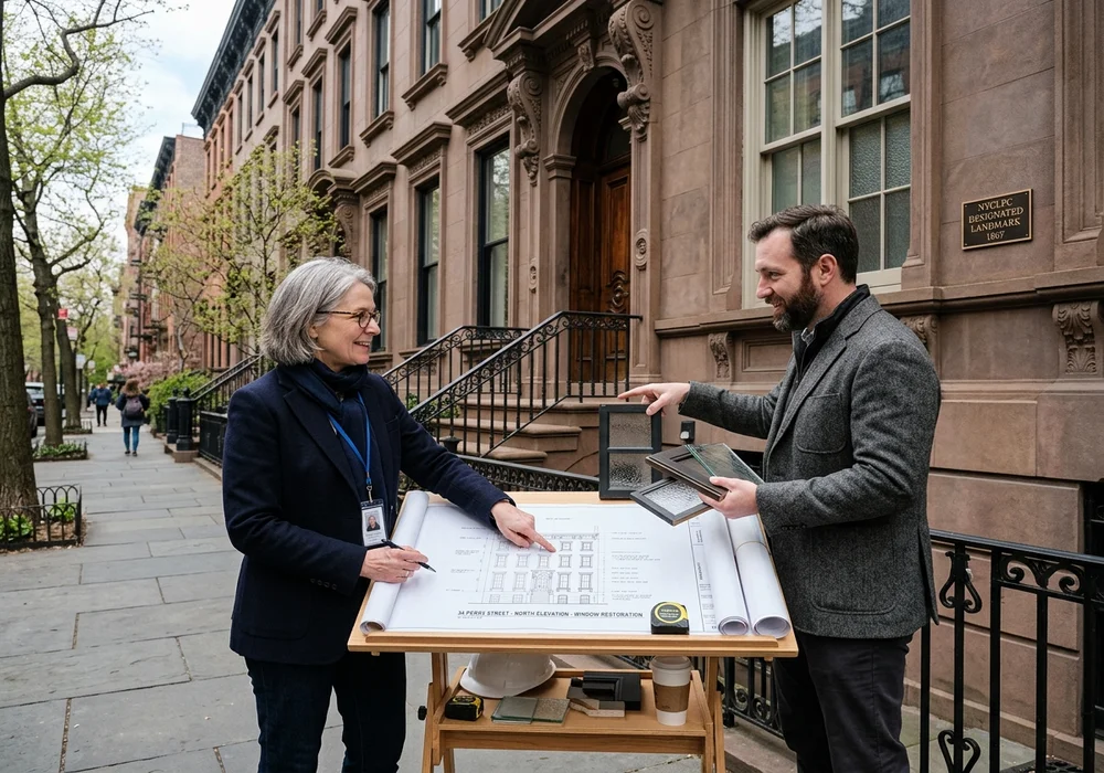 Historic Preservation Architect and Engineer Reviewing Architectural Elevation Drawings for NYC Landmark Energy Upgrades