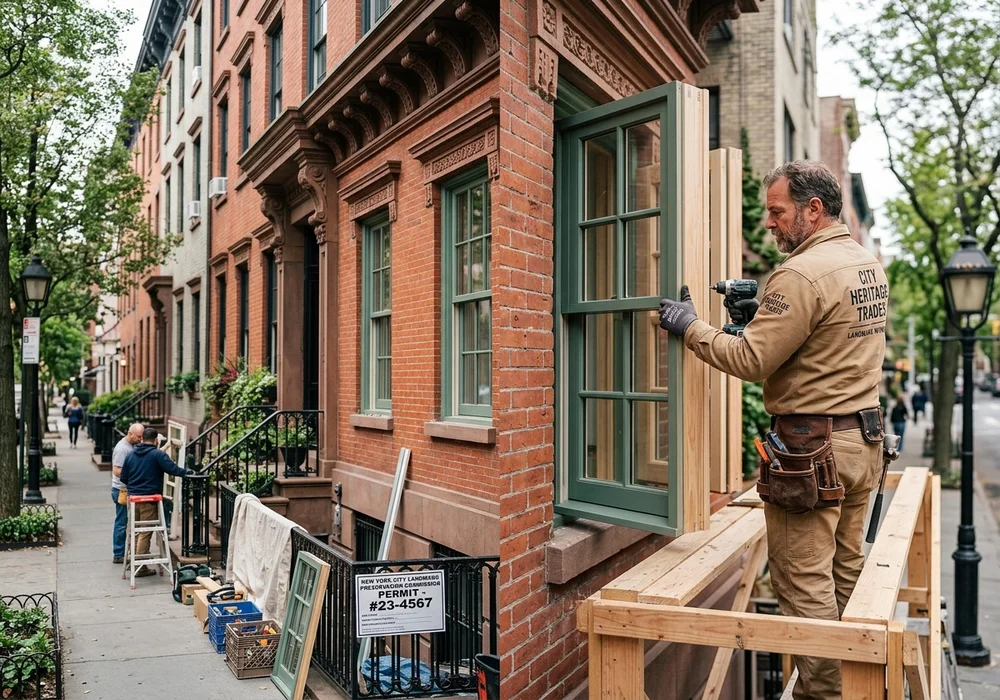 Craftsman Installing Energy-Efficient Replica Wood Double-Hung Windows on Historic NYC Townhouse Facade