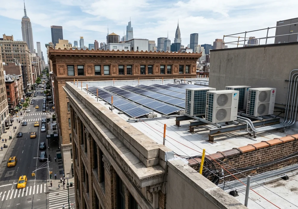 Solar Panels and Heat Pump HVAC Dunnage Set Back Behind Parapet on Historic NYC Building Rooftop