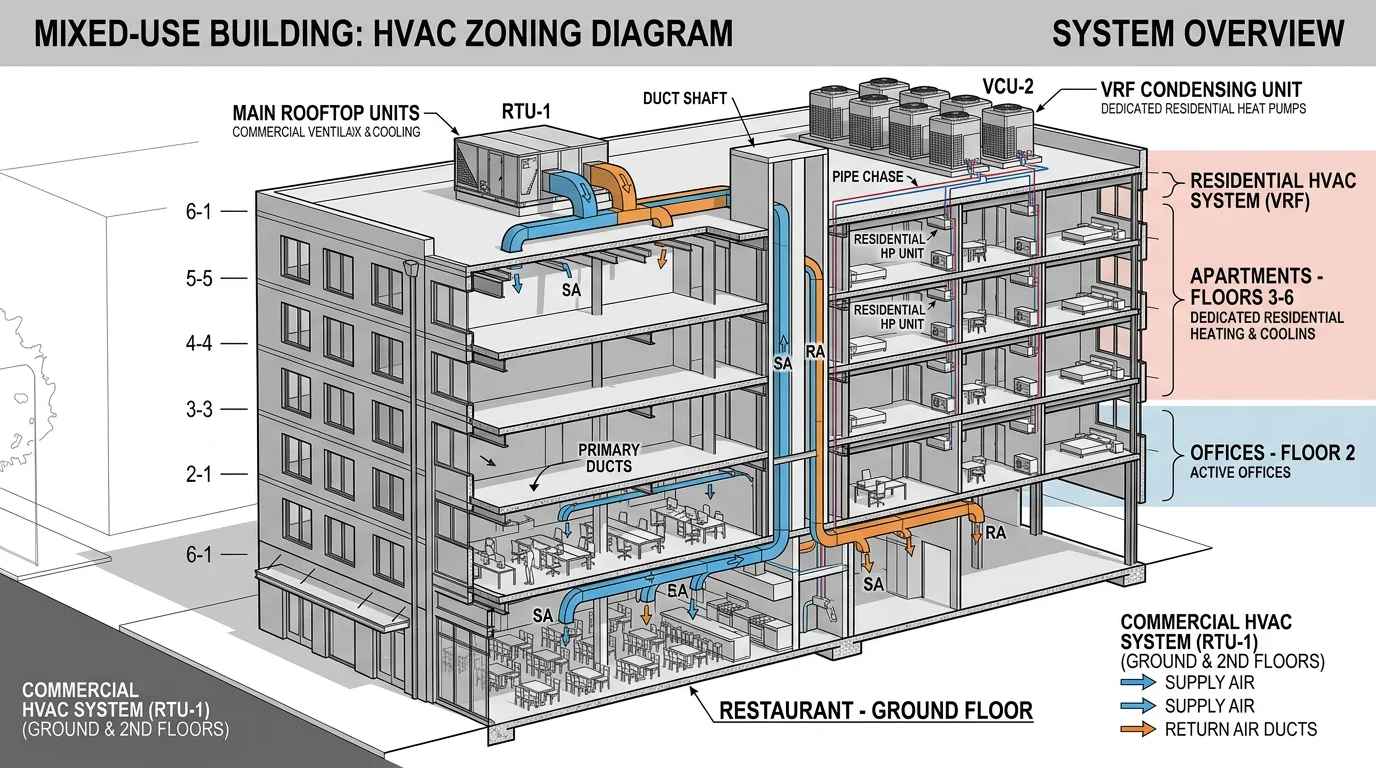 HVAC Zoning Diagram and Mechanical Distribution for Mixed-Use Building