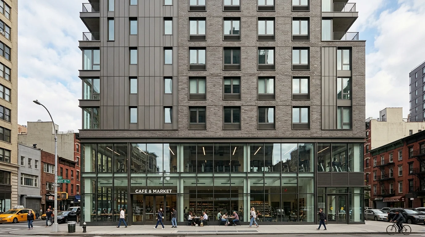 Architectural Envelope Facade Detail of Mixed-Use Commercial and Residential Exterior