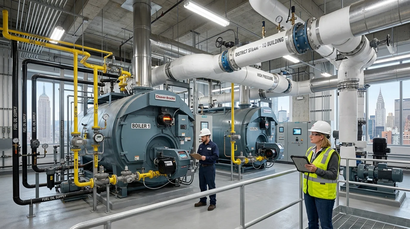 Commercial Building Boiler Plant with Dual-Fuel Boilers, Natural Gas and District Steam Piping