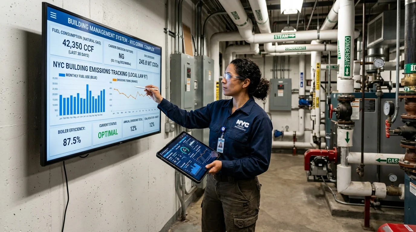 Energy Engineer Reviewing Fuel Consumption Data and Carbon Emission Factors on Building Management Screen