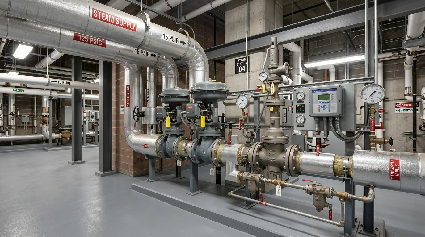Modern District Steam Pressure Reducing Station with Control Valves and Insulated Piping in NYC Building Basement