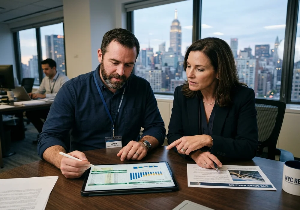 Energy Engineers and NYC Building Owner Reviewing Solar Net Metering and Value Stack Calculations