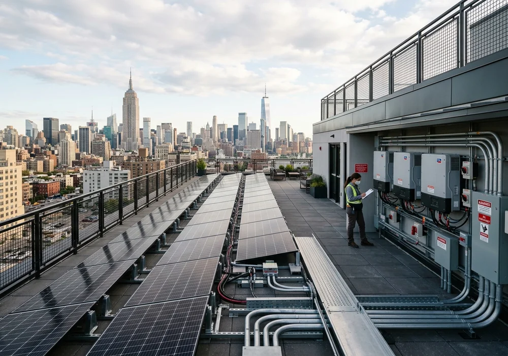 Rooftop Solar PV Panels and Inverter Distribution Array on NYC Multifamily Building